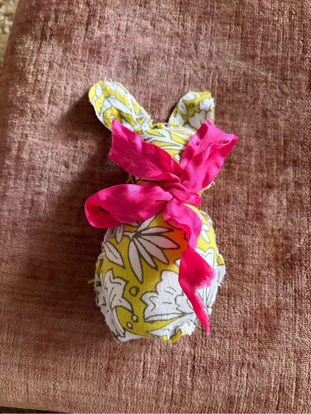 Handmade vintage lime green fabric floral Bunny Plush with Pink Bow NWT gifts
